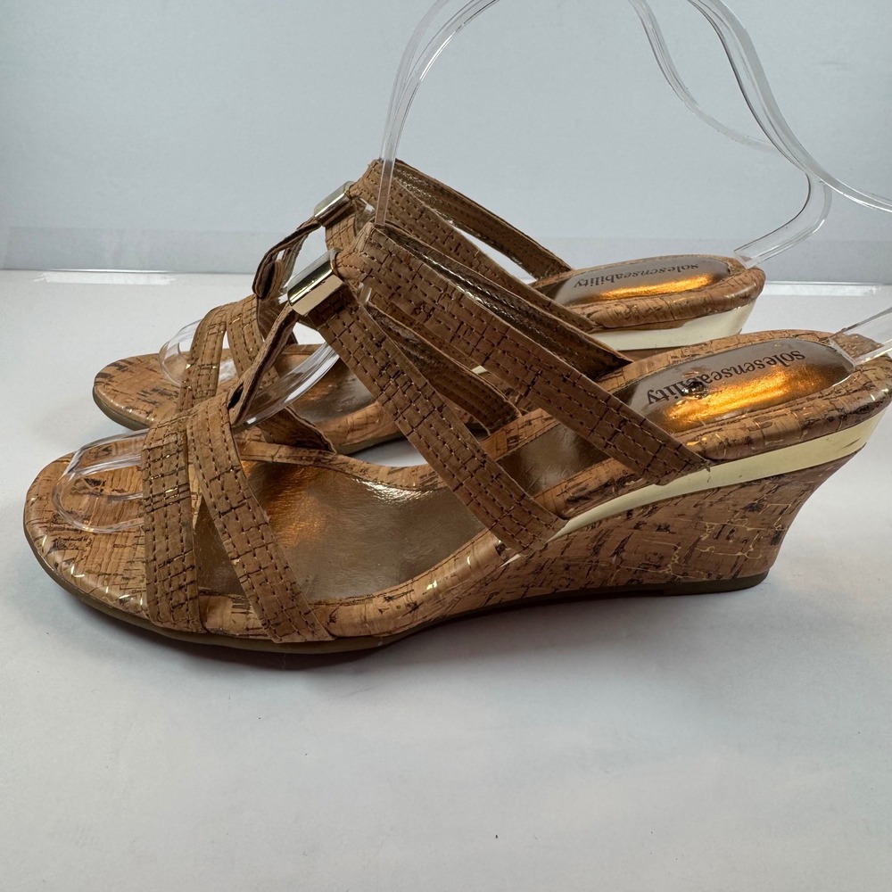 Solesenseability Womens 8.5 M SSVANNACORK Cork Wedge Sandals Gold Strappy New